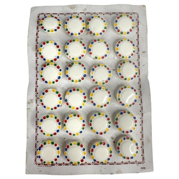 VTG 24 German Shank Buttons Hand Painted Dots White Original Card Sewing Germany - Picture 1 of 7